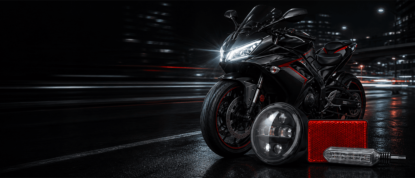 Motorcycle LED headlight and red vehicle reflector at night